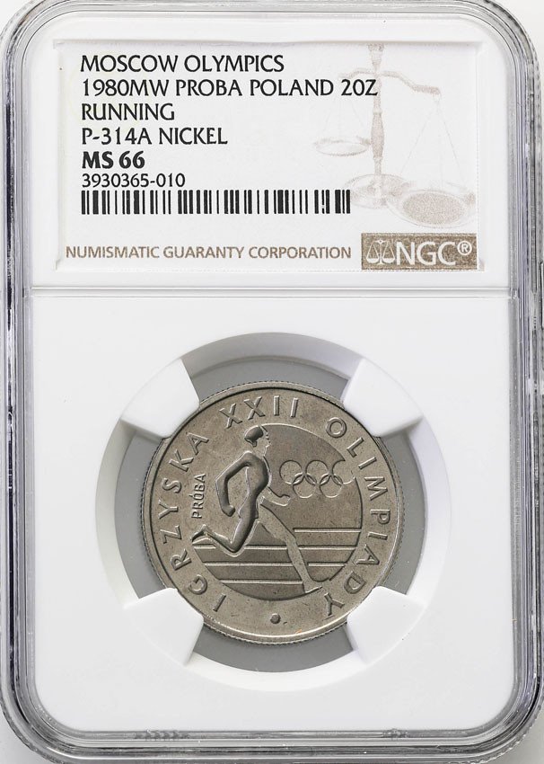 PRL. PRÓBA Nikiel 20 złotych 1980 Oly Moskwa NGC MS66